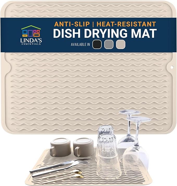 Silicone Dish Drying Mat for Kitchen Counter - Multi-Use 16 x 12 Inch Pad, Non-Slip & Heat-Resistant, Perfect Dish Drainer Mat by Linda’s Essentials, Ideal Kitchen Accessory (Beige)