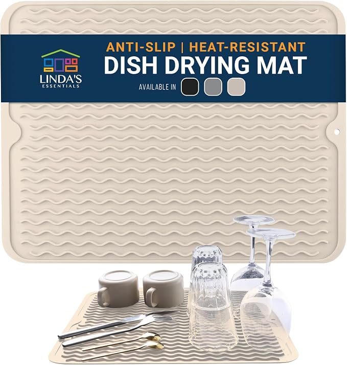 Silicone Dish Drying Mat for Kitchen Counter - Multi-Use 18 x 16 Inch Pad, Non-Slip & Heat-Resistant, Perfect Dish Drainer Mat by Linda’s Essentials, Ideal Kitchen Accessory (Beige)