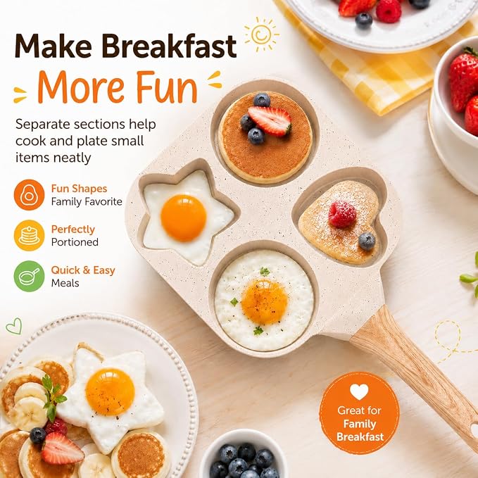 Non Stick Egg Frying Pans 4 holes Shapes, Egg Frying Pan Nonstick, Heart Star Shapes Breakfast Pan, Quick Heating, Easy to Clean, Ideal Use for Breakfast