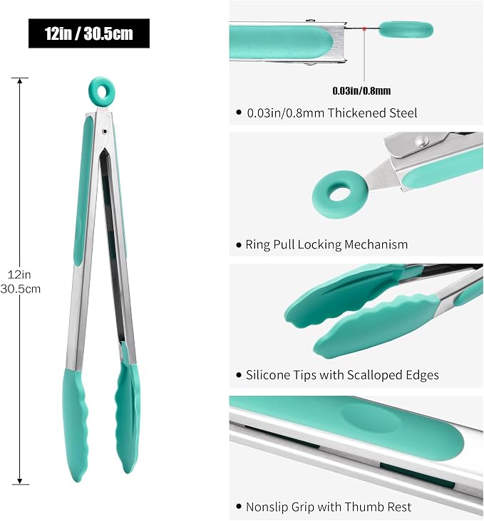 Doosu Kitchen Tongs with Silicone Tips for Cooking Serving (12in, Aqua Sky) | 600°F Heat Resistant Food Tong, Heavy Duty Stainless Steel Locking Tong for BBQ, Grilling Steak, Salad, Toast, Pasta