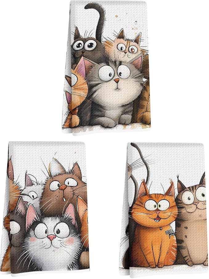 Jztco 3 Pcs Cute Cat Kitchen Towels, Cats Soft Absorbent Hand Tea Towel | Microfiber Dish Cloths for Drying Dishes, Waffle Dish Towels for Kitchen Home Bathroom Decor, Cat Lover Gifts for Women Mom