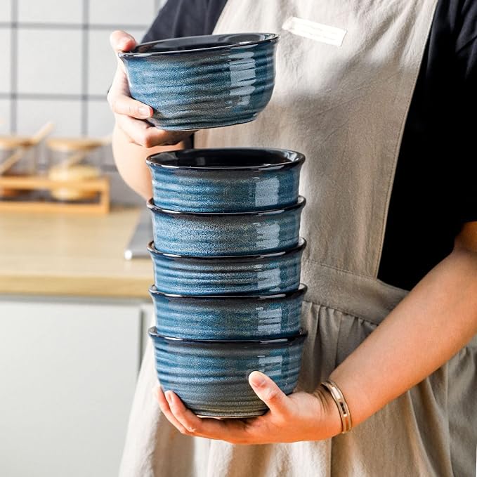 HASENSE Ceramic Cereal Bowls Set of 6, 20 Oz Navy Blue Stoneware Bowls, Farmhouse Bowls for Cereal, Soup, Rice, Pasta & Salad, Dishwasher & Microwave Safe