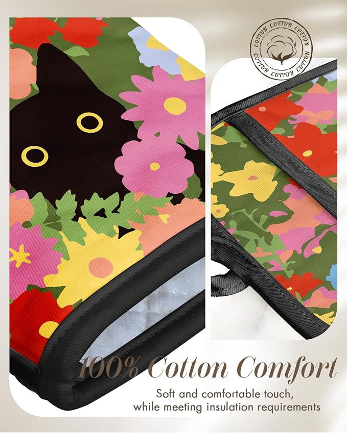 Miss Adola Cotton Oven Mitts and Pot Holders Sets, Floral Feline | Heat-resistant up to 350°F, Pure Cotton, Quilted Contact Surface, Stylish Design, with Hanging Loop, Ready to Gift Package