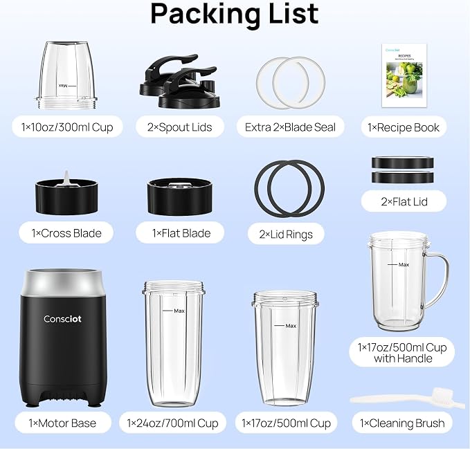 Consciot 16Pcs Personal & Countertop Blender Combo, Coffee & Spice Grinder | Make Shakes and Smoothies, Frozen Drinks, Baby Food, Spreads & More, 4 Portable BPA-Free To-Go Cups & 4 Lids, 900 Peak Watts