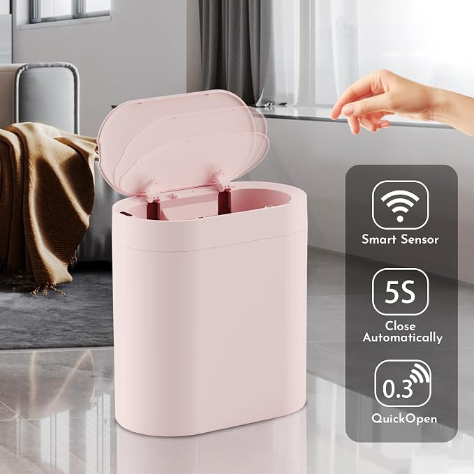SYNCVIBE Bathroom Trash Can with Lid, 2 Gallon Slim Smart Garbage Can Pink | Motion Sensor Wastebasket, Narrow Automatic Plastic Trash Bin for Bedroom, Living room, Toilet, Office