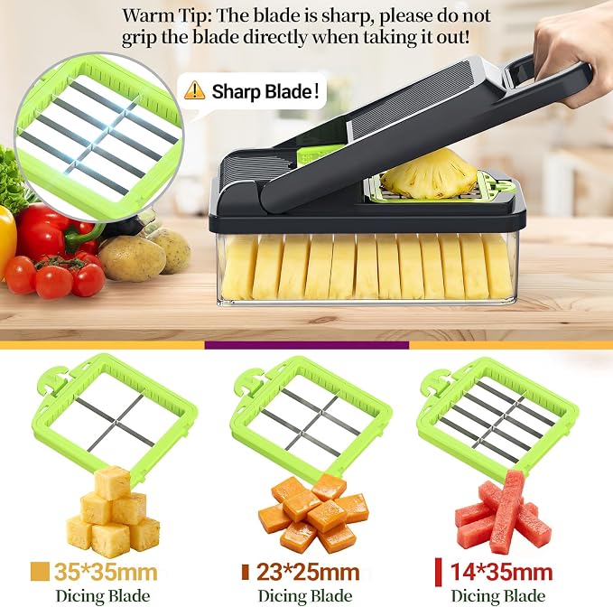 15-in-1 Vegetable Chopper 10 Blades, Veggie Cutter with Handle, Green/Grey | Stainless Steel Blades, Food Container and Lid, Dicer, Slicer, Julienne, Egg Separator, Non-slip Base, Include Cleaning Tools