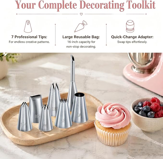 Reusable Piping Bags and Tips Set, 16inch Cotton Pastry Bags | 304 Icing Tips 1A 1M 4B 114 853 895 puff tip For Cake Decorating, Cupcakes, Cookies, Durable Baking Tool Kit