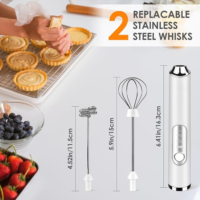 Milk Frother Handheld, Rechargeable Coffee Frother Wand, Drink Mixer, White | Electric Foam Maker with 2 Stainless Whisks 3 Speeds, Hand Mixer for Lattes, Cappuccino, Matcha, Egg