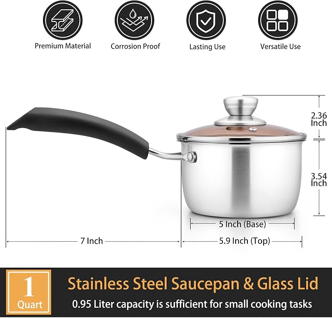 P&P CHEF 1 Quart Sauce Pan With Lid, Small Pot Saucepan for Milk, 1 Pc | Stainless Steel Saucepan, Small Sauce Pot for Cooking, Visible Glass Lid & Bakelite Heat-Proof Handles,Dishwasher Safe
