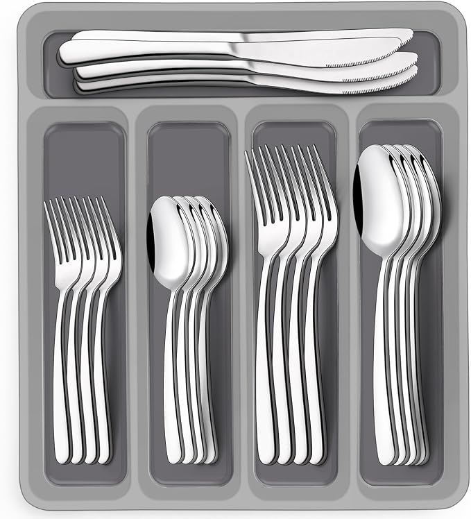 40-Piece Silverware Set with Organizer, EWFEN Heavy Duty Stainless Steel Flatware Set for 8, Food-Grade Tableware Cutlery Set, Utensil Sets for Home Restaurant, Mirror Finish, Dishwasher Safe