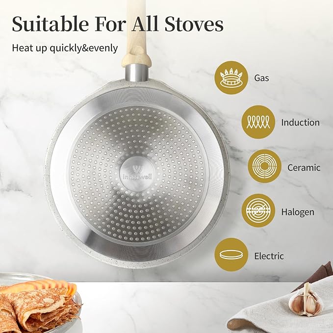 Innerwell 11 Inch Nonstick Crepe Pan,Granite Coated Pancake Pan-White | Granite nonstick coating, PFOA-free. Works on gas, electric, ceramic & induction. Easy-release & easy-clean.