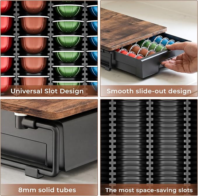 EVERIE Wooden Coffee Pod Storage Drawer for Nespresso VertuoLine Capsules, Large Capacity Countertop Coffee Station Organizer, Rustic Brown
