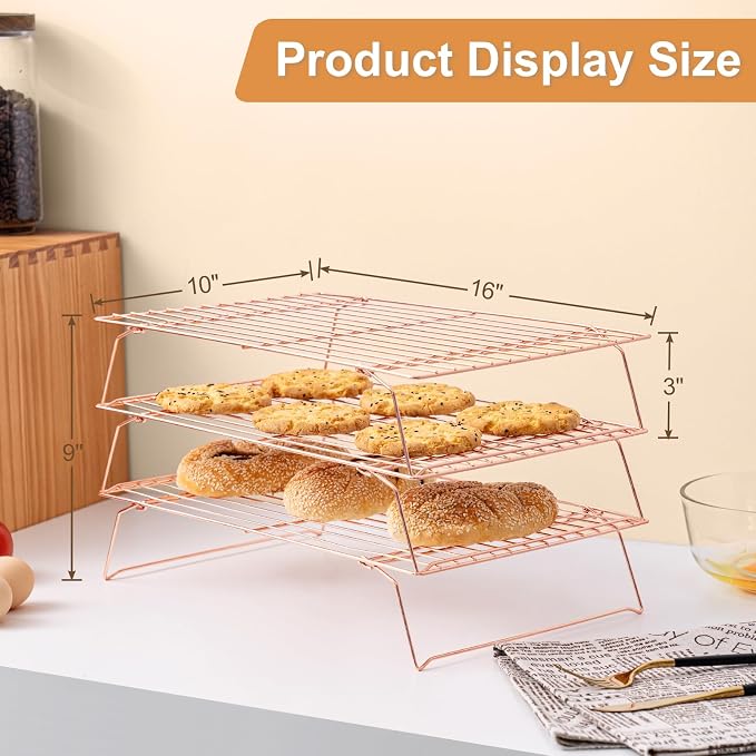 Briout Cooling Rack for Cooking Baking 3 Tiers,16"x10" Wire Rack, Rose Gold | Thick Wire Rack, Oven & Dishwasher Safe, for Roasting, Grilling, Drying, Fits Half Sheet Pan