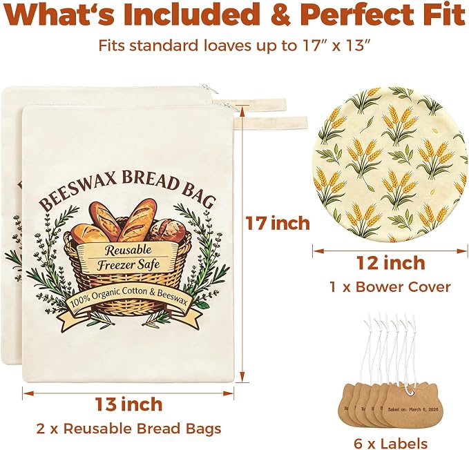 Beeswax Zipper Bread Bags XL Reusable 2 Packs With 1 Cover & 6 Paper Tags | Beeswax Bread Bags with Zipper Seal – Extra Large 13"x17", Reusable, Breathable Cotton Linen Sourdough Bags