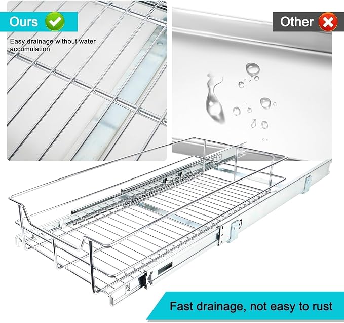 Pull Out Cabinet Organizer 11" W X 22" D, Chromed, Full Slide Out Drawers | For Kitchen Organizers and Storage, Pull Out Drawers For Cabinets Capacity Heavy Duty Caddy, Cabinet Shelves, Bathroom Pantry