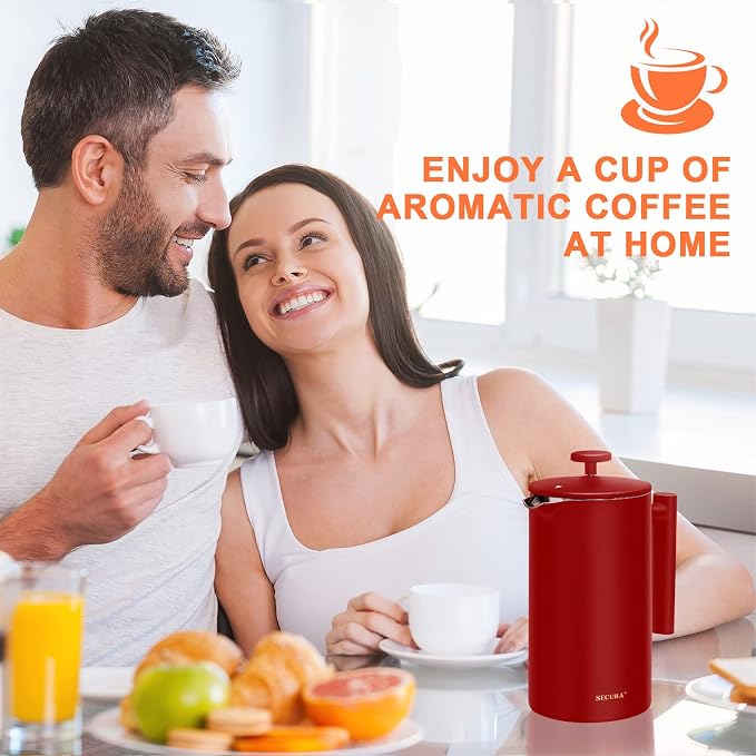 Secura French Press Coffee Maker, 304 Grade Stainless Steel Insulated Coffee Press with 2 Extra Screens, 34oz (1 Litre), Red (Pack of 2)