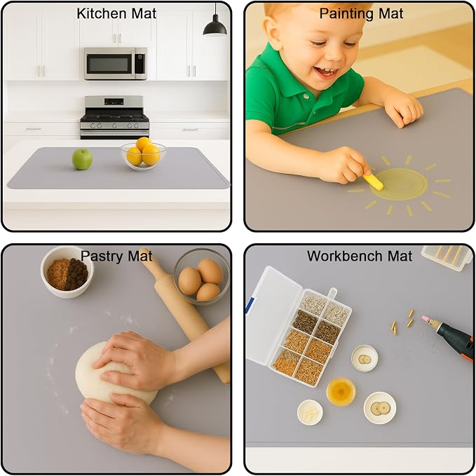 Silicone Mat 35.4"x23.6" Silicone Mats for Kitchen Counter Heat Resistant Mats for Countertop, Countertop Protector Mat, Edge Heightening Nonstick Waterproof Multipurpose Table Mat (Light Gray)
