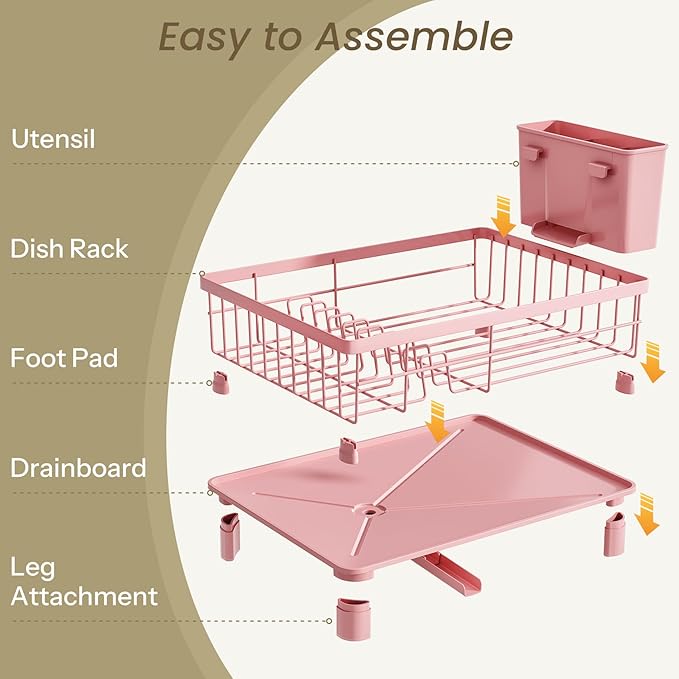 SNTD Dish Drying Rack for Small Kitchen Counter, 11" W x 15" L, Pink | Space Saving, Rotating Spout & Angled Drainboard for Quick Drainage, Stainless Steel, Removable Utensil Holder