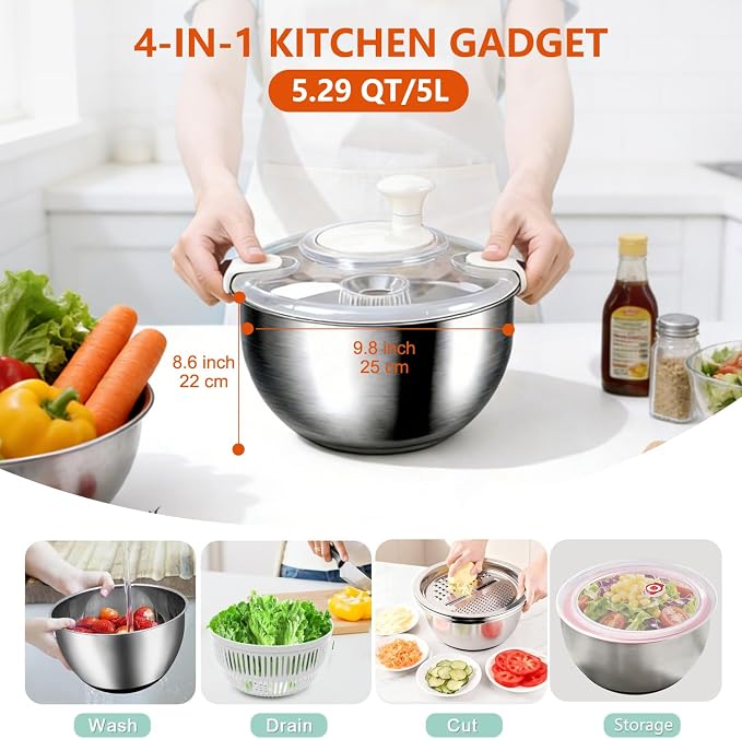 Large Stainless Steel Pump Salad Spinner with Drain Lettuce Spinner with Strainer Fruit Cleaner |Vegetable Washer Salad Cleaner, Non-Slip Base Dishwasher Safe