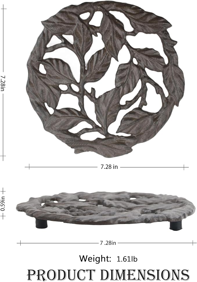 Cast Iron Trivet, 7.28 inch Metal Trivet for Hot Dishes, Heat-Resistant Decorative Trivets to Protect Dining Countertop or Kitchen Decoration with 2 Silicone Mini Pinch Mitts