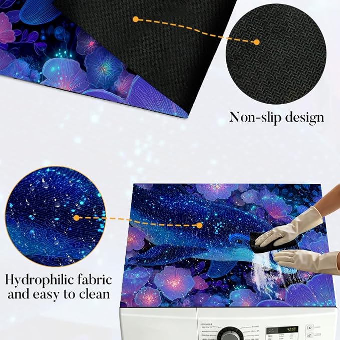 Glowing Dolphin Washer Dryer Top Cover Mat 28.35x20.47 in | Heat Resistant Cooktop Protector Mat with Non-Slip Backing, Scratch Protection and Countertop Drying Mat.
