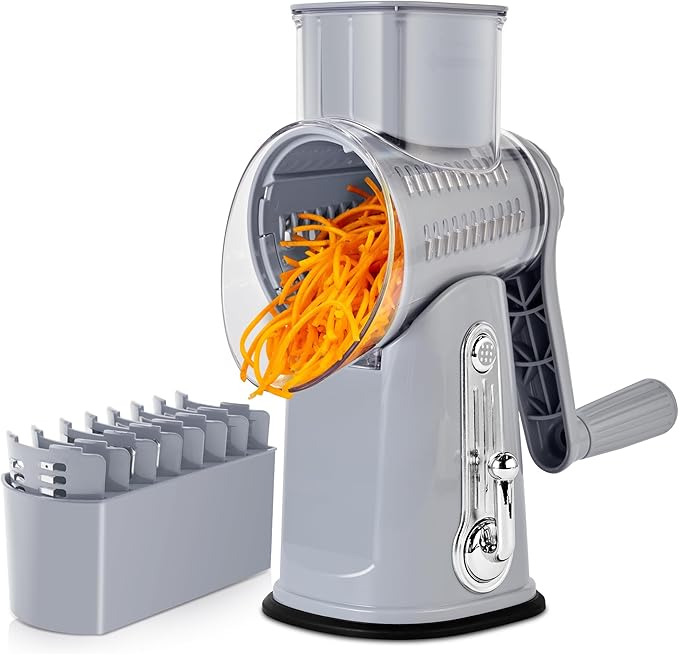 SUSTEAS Rotary Cheese Grater 5 Blades,Kitchen Mandoline Vegetable Slicer | Gray, Easy to Clean, Strong Suction Base, 5 Blades Storage Box, Round Mandoline Slicer & Food Chopper for Salad