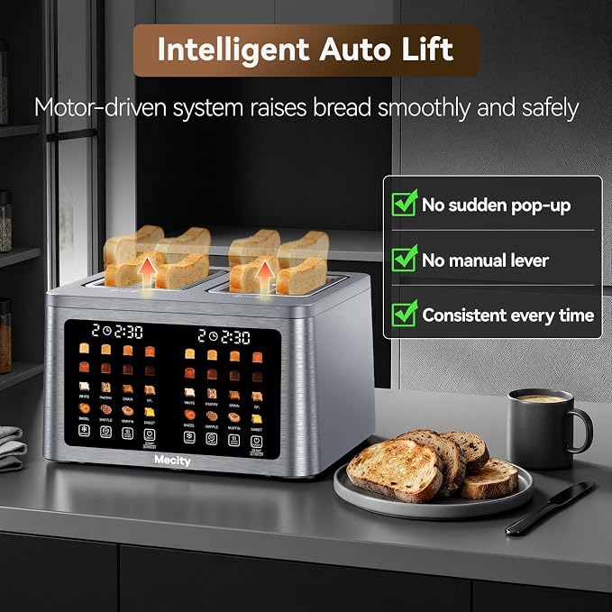 Mecity 4 Slice Toaster Wide Slot, Auto Lift Keep Warm Smart Toaster with Touch Screen, Dual Control Panel, Defrost, Auto Shut Off Digital Toasters for Bagel Muffin Waffle Gluten Free Breads1700W 120V