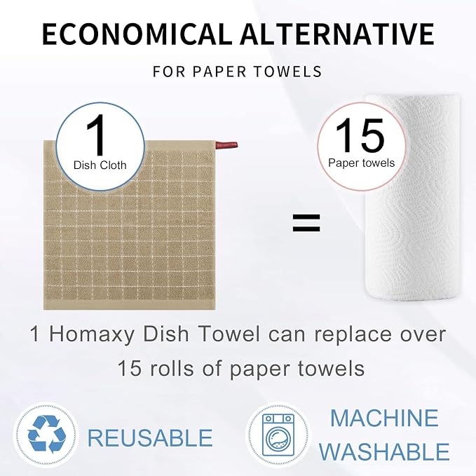 Homaxy 100% Cotton Terry Kitchen Dish Cloths, 4 Pack, Tan | Ultra Soft and Absorbent Dish Towels for Kitchen, Suitable for Drying and Washing Dishes