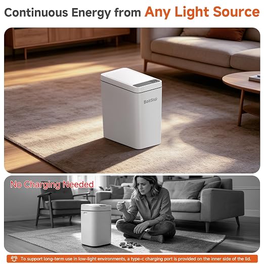 Solar Automatic Bathroom Trash Can: 2.6 Gallon Small Motion Sensor Garbage Can, No Charging Required, Slim Smart Touchless Trash Bin with Lid for Bedroom, Living Room, Office, RV, White