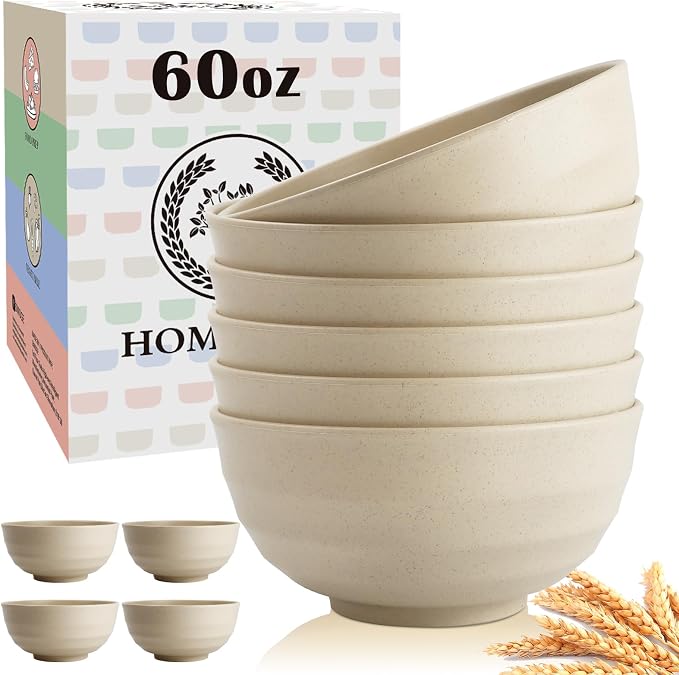 Unbreakable Large Salad Bowls Set of 6, 60oz Large Wheat Straw Bowls for Cereal, Salad & Pho, Ideal for RV & Camping, Microwave Safe Alternative to Plastic Bowls - Beige