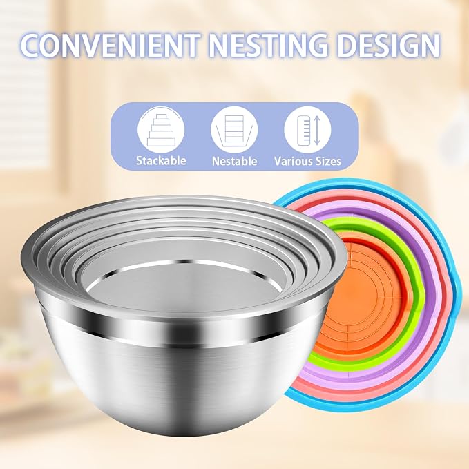 Mixing Bowls with Airtight Lids Set, 5 PCS Stainless Steel Colorful | Nesting Storage Bowls for Kitchen, Large Prep Metal Bowl, 5.5/4/3.5/2/1.5 QT for Mixing, Serving & Backing, Dishwasher Safe