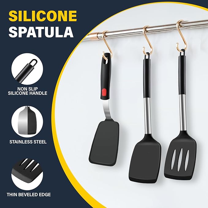 Silicone Spatula Set, Heat Resistant Solid & Slotted Turner for Non-Stick Pans, Silicone Cooking Utensils Set, BPA-Free, Flexible Spatula Turner for Flipping Eggs, Burgers, Pancakes, Black, 3 PCS-A