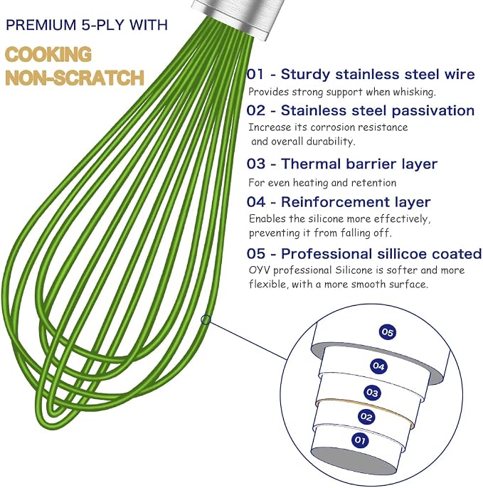 OYV Green Silicone Whisk Set of 3, 8/10/12 Inch, Non-Scratch | BPA-Free Silicone, Heat Resistant Up to 480°F, Stainless Steel Core, Dishwasher Safe, Nonstick-Safe