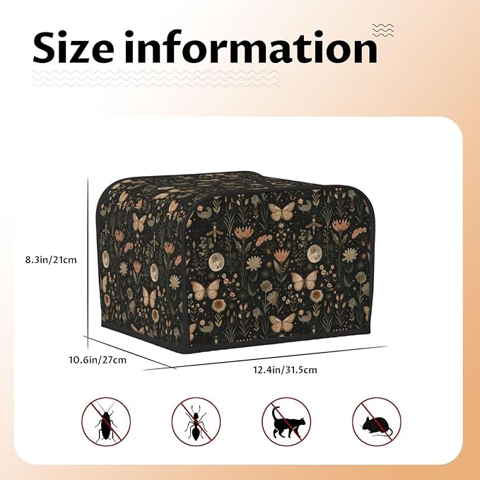 4 Slice Toaster Cover Vintage Butterfly Moon Flower Dust Proof Washable Kitchen Appliance Cover with Pocket, Oxford Fabric Countertop Toaster Protector for Standard Toasters Small Appliances
