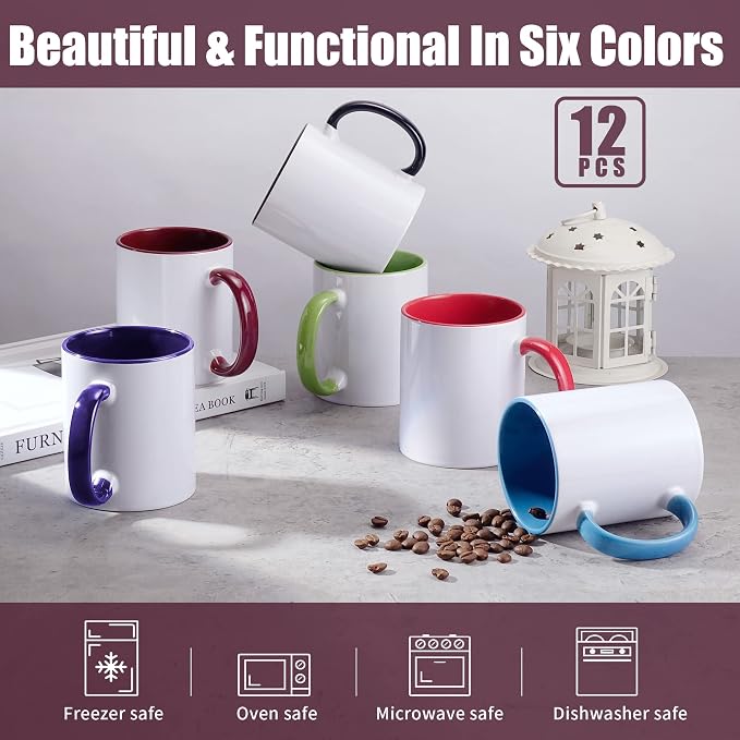 TANGLONG 12PCS Sublimation Mugs-6 Assorted Colors 11oz ceramic cup for gift | Heat Sensitive Coffee Mugs,Tazas Magicas Para Sublimacion Set,Color Changing,homemade gifts,summer, casual, beach, party