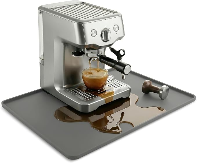 Silicone Coffee Mat for Countertop, 24x16 inch - Heat Resistant Espresso Machine Mat with Raised Edge, Non-Slip Waterproof Station Pad, Compact Coffee Bar & Kitchen Accessories - Grey
