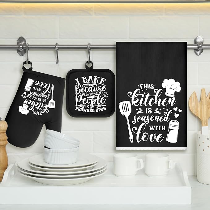 Sratte 6 Pcs Kitchen Decor Accessories Set Set, Baking, Black | Farmhouse Kitchen Towels Pot Holders Oven Mitts Set 2 Dish Towels 2 Potholders 2 Cooking Mittens for Baking Cooking Supply