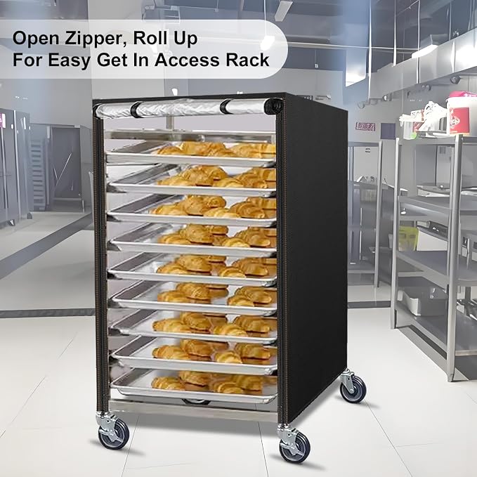 Bun Pan Sheet Rack Cover,Bread Speed Rack Cover with Zipper,Fit 20 Tier / 10 Tier Commercial Bakery Pizza Cooling Proofing with Clear Plastic Roll Top Door and Breathable Mesh Vent(10-Tier)