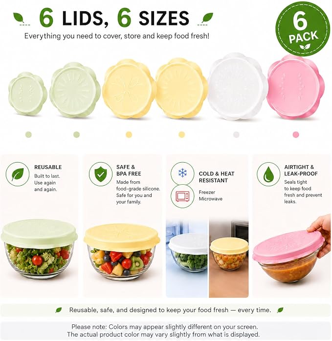 Silicone Bowl Covers – Stretch Lids (6 Pack) – Reusable Food Storage Covers for Bowls, Cups & Containers – Airtight, Leakproof, BPA Free, Eco-Friendly – Microwave, Freezer & Dishwasher Safe