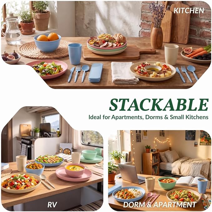 28 PCS Wheat Straw Dinnerware Sets Unbreakable Kitchen Plates and Bowls Set Camping Dish Set for 4 - Dinner Plates, Cereal Bowls, Travel Utensils Microwave & Dishwasher Safe (LightMulti)