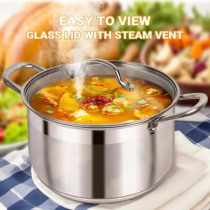 Kirecoo 8 Quart Stainless Steel Induction Stock Pot with Visible Lid | Heavy Duty, Even Heat, Thick Nonstick Base, Deep Cookware for Soup Pasta & Spaghetti, Ideal for Canning, Boiling & Simmering