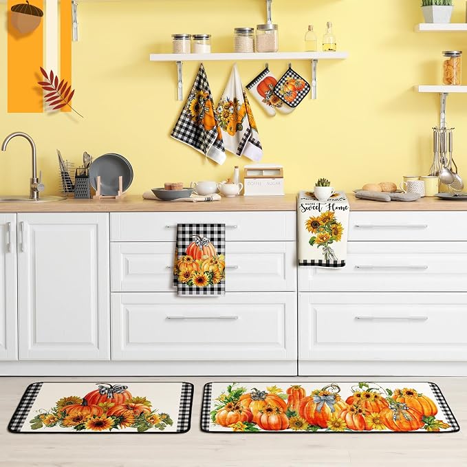 Fanfanwin 10 Pcs Fall Pumpkin Kitchen Decor Set Pumpkin Kitchen Rugs Towels Pot Holders Oven Mitts for Autumn Thanksgiving Decor for Baking Cooking BBQ Home