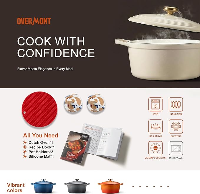 Overmont Enameled Cast Iron Dutch Oven - 5.5QT Pot with Lid Cookbook & Cotton Potholders - Heavy-Duty Cookware for Braising, Stews, Roasting, Sourdough Baking Cream White