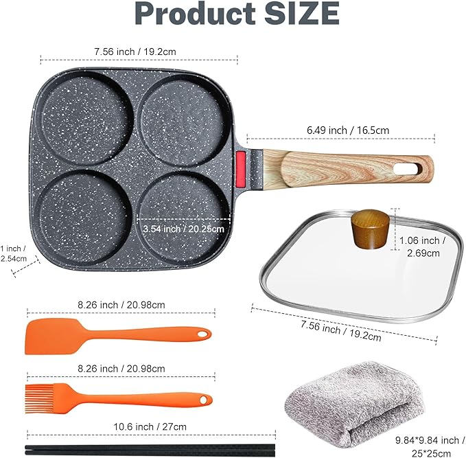 4‑Cup Nonstick Egg Pan Set with Lid – Aluminum Omelette Skillet for Breakfast, Includes Silicone Scraper, Oil Brush, Chopsticks & Cleaning Cloth – Compatible with Gas & Induction Cooktops (Black)