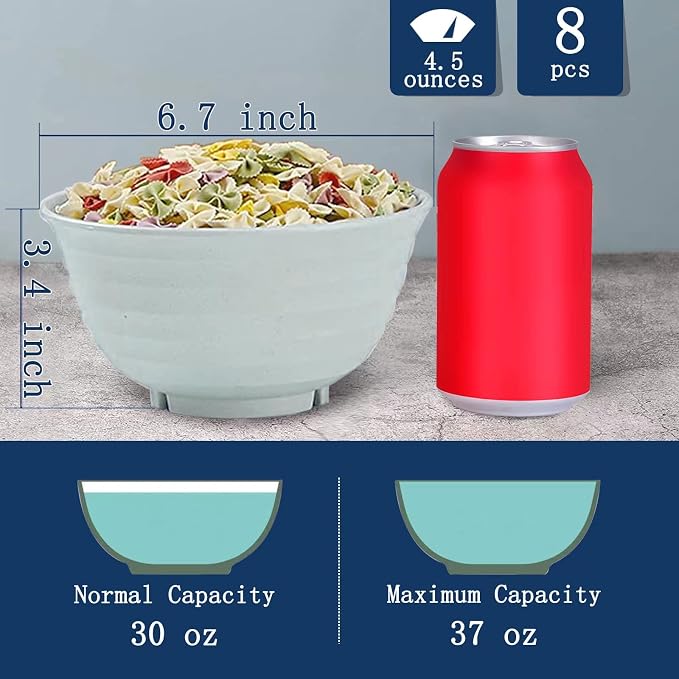 Unbreakable Cereal Bowls 30 OZ Ramen Bowl Microwave and Dishwasher Safe BPA-Free Eco-Friendly Deep Soup Bowl for Cereal, Salad, Soup, Rice（NOT CERAMIC） [Set of 8]