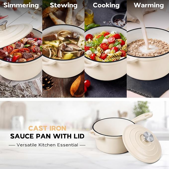 Onader Enameled Cast Iron Saucepan Set, 1 Quart & 2 Quart Sauce Pan with Lid, Small Cast Iron Pot for Cooking, Enamel Dutch Oven, Nonstick & Heavy Duty – Cream White