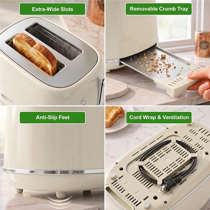 Toasters 2 Slice Retro Stainless Steel Toasters with Bagel, Cancel, Defrost Function and 6 Bread Shade Settings Bagel Toaster, Beige