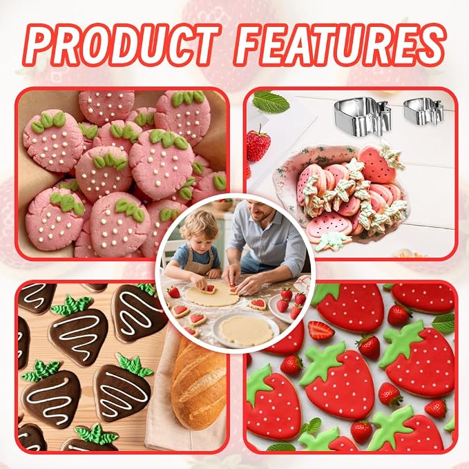 Strawberry Cookie Cutter Set,3PCS(3.5,2.5,1.5Inch) | Strawberry Shaped Cutters for Cookies,Fondant,Clay cutter, Baking Decorating Tools (Metal)