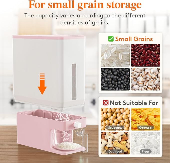 Lifewit Rice Dispenser 25 Lbs, Airtight Storage with Measuring Cup, Pink | BPA-Free 11.3kg Capacity Storage Container for Beans, Corn & Other Small Grains, One-Press Dispensing Bin for Kitchen Pantry