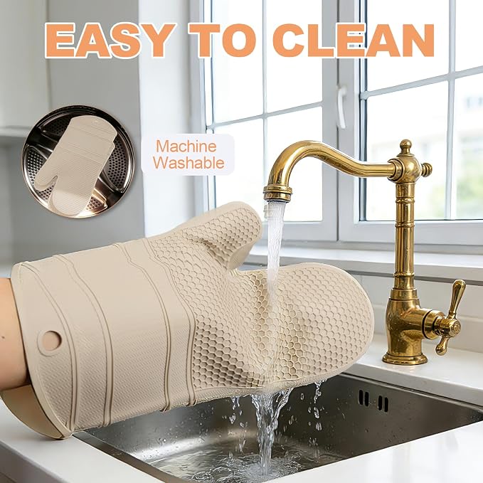 YUTAT Silicone Oven Mitts,Heat Resistant 2PCS Oven Mitts with Soft Polyester Filling,Perfect for Baking and Cooking,Khaki